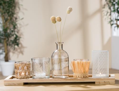GILDE 6 teiliges Geschenkset Natur – Deko Teelichthalter Glas mit Tablett kleine Vase Trockenblumen mit Holz Tablett 13 x 40 cm -Tischdeko Wohnzimmer modern von GILDE