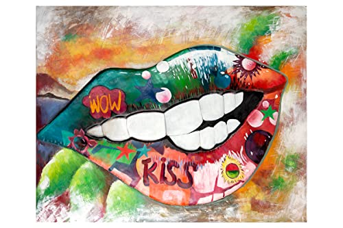 GILDE Bild XL - Wandbild und Kunstobjekt handgefertigt aus Metall - Street Art Motiv: Mund mit Schriftzug Kiss und Wow - Mehrfarbig - 100 x 80 cm von GILDE