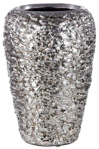 GILDE Bodenvase große Vase XL aus Keramik - wasserdichte Blumenvase - Weihnachtsdeko Silber - Europäische Herstellung - Farbe: antik Silber Höhe 40 cm Ø 30 cm von GILDE