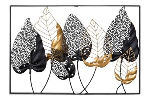 GILDE Deko Bild XXL Blätter - Metall Wanddekoration rechteckig - Dekoration Wohnzimmer - Farben: Schwarz Gold Silber - 95 x 65 cm von GILDE