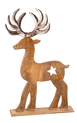 GILDE Deko Figur Skulptur Rentier Rudi - XL Weihnachtsdekoration aus Holz - Farbe: braun Silber - Accessoires Winter und Advent - Höhe 60 cn von GILDE