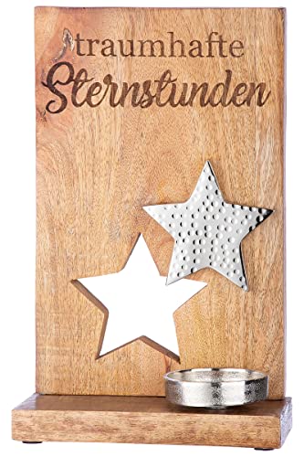 GILDE Deko Kerzenhalter Teelicht Leuchter Stern mit Schriftzug: traumhafte Sternstunden - Weihnachtsdekoration aus Holz - Farbe braun Silber - Höhe 32 cm von GILDE