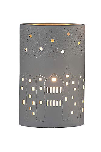 GILDE Deko Lampe Tischleuchte - Motiv: Häuser City - aus Porzellan grau - Fassung E 14, max 40 Watt - Höhe 27 cm von GILDE