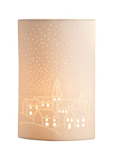 GILDE Deko Lampe Tischleuchte - Motiv: Kirche - aus Porzellan weiß - Fassung E 14, max 40 Watt - Höhe 28 cm von GILDE