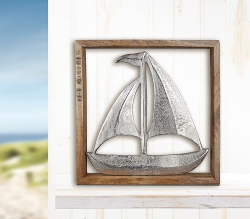 GILDE Deko Segelboot - maritime Geschenke Wand Deko Segelschiff – Boot Deko Bad Gäste-WC – Segler Geschenke für Bootsführerschein – Dekobild zum Aufhängen Holzrahmen 20 x 20 cm von GILDE