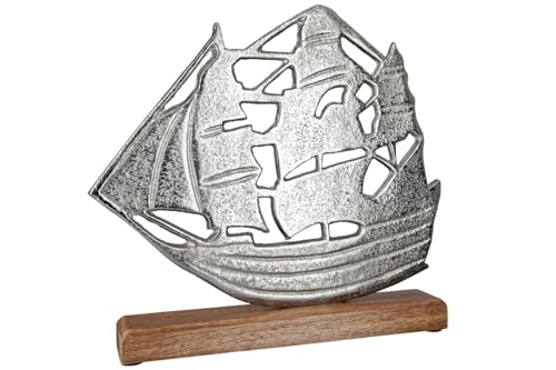 GILDE Deko Skulptur Figur Segelschiff - Segelboot hergestellt aus Aluminimum, auf Mangoholz Sockel - Maritime Deko Bad Gäste WC - Farben: Silber Braun - 26 x 25 x 5 cm von GILDE
