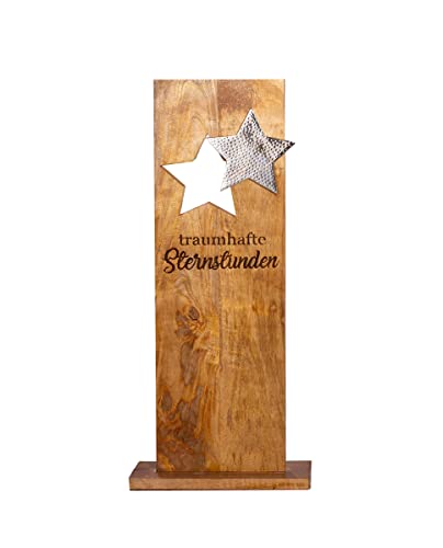 GILDE Deko Skulptur Standrelief Stern - mit Schriftzug: traumhafte Sternstunden - Weihnachtsdekoration aus Holz - Farbe: braun Silber - Höhe 87 cm von GILDE