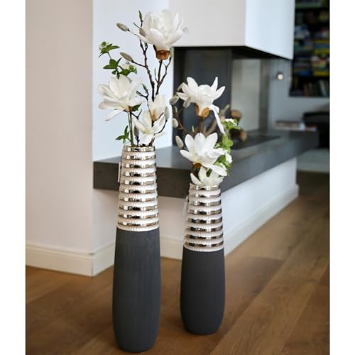 GILDE Deko Vase Bodenvase Newtown - Keramikvase - grau-matt - Silber-glänzend – Vase groß Höhe 50 cm - Breite 15 cm von GILDE