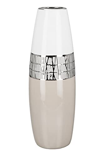 GILDE Deko Vase für Pampasgras - Kegelvase aus Keramik - Deko Wohnzimmer Geschenk für Frauen Geburtstag Muttertag - Farbe: weiß Silber beige Höhe 36 cm von GILDE