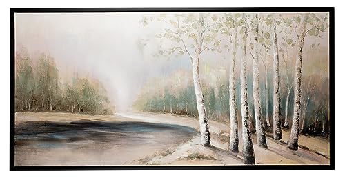 GILDE Deko großes Bild Gemälde auf Leinwand 150 x 75 cm - Keilrahmen Bild XXL Landschaft mit Birke Baum Fluß - Herbst Wanddekoration - naturfarben von GILDE