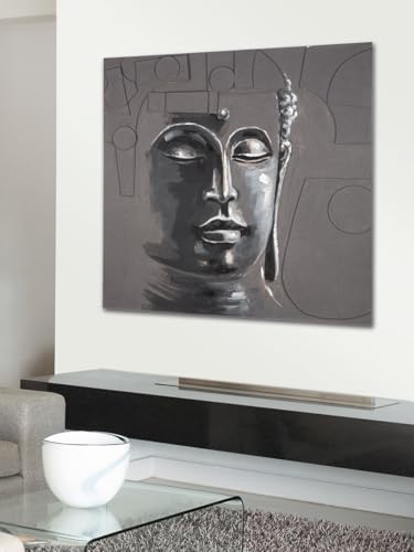 GILDE Deko großes Bild XL Wandbild Wohnzimmer groß - Leinwandbild Buddhamotiv - quadratisches Buddha Bild auf Lein Wand 3D Optik - grau 100 x 100 cm von GILDE