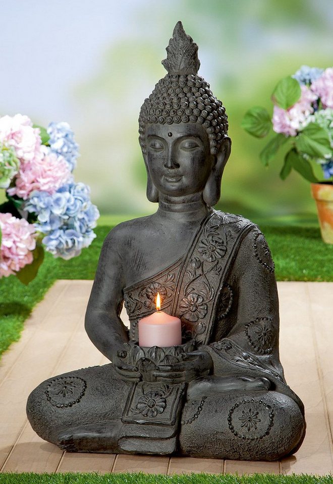 GILDE Dekofigur Buddhafigur "Buddha" mit Teelichthalter aus Magnesia in grau von GILDE