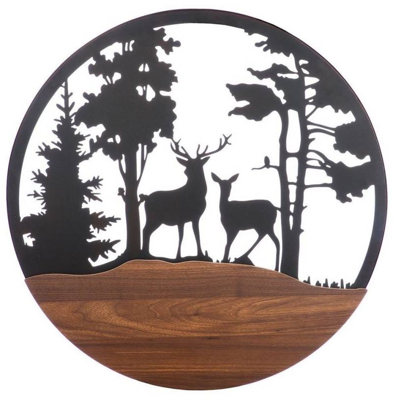 GILDE Dekoobjekt 2er Set Wandrelief "Hirsche im Wald" 60cm – Metall & MDF in Dunkelbrau von GILDE