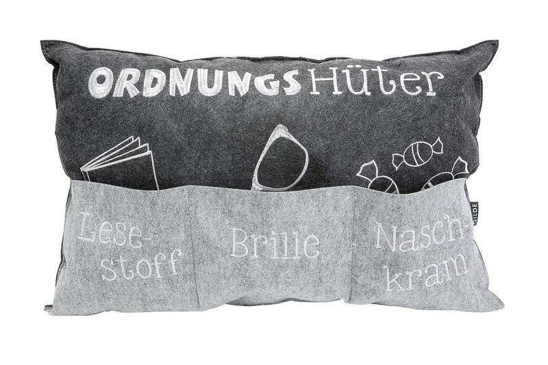 GILDE Dekoobjekt Kissen Ordnungshüter hellgrau/dunkelgrau mit Taschen, bestickt „Lesest von GILDE