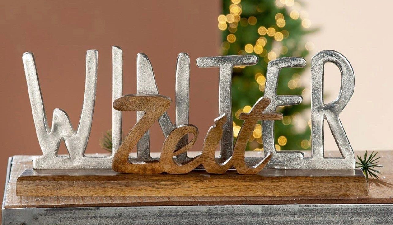 GILDE Dekoobjekt Schriftzug Winterzeit auf Holz-Base in Aluminium und Mango-Holz, Natur von GILDE