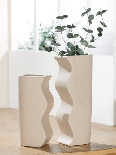 GILDE Dekovase 2-teilig - Vase Blumenvase Vasenset 2 Stück Keramikvasen - Deko Wohnzimmer Geschenk Geburtstagsgeschenk - Beige Höhe 25,5 cm von GILDE