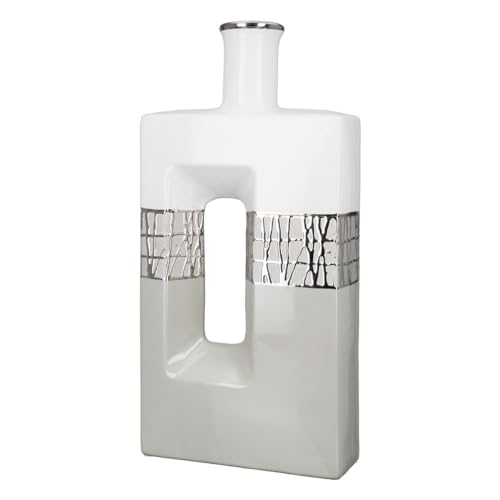 GILDE Dekovase - Keramik Vase mit Loch - Deko Wohnzimmer Geschenk für Frauen Geburtstag Muttertag - Farbe: Taupe weiß Silber Höhe 37,5 cm von GILDE