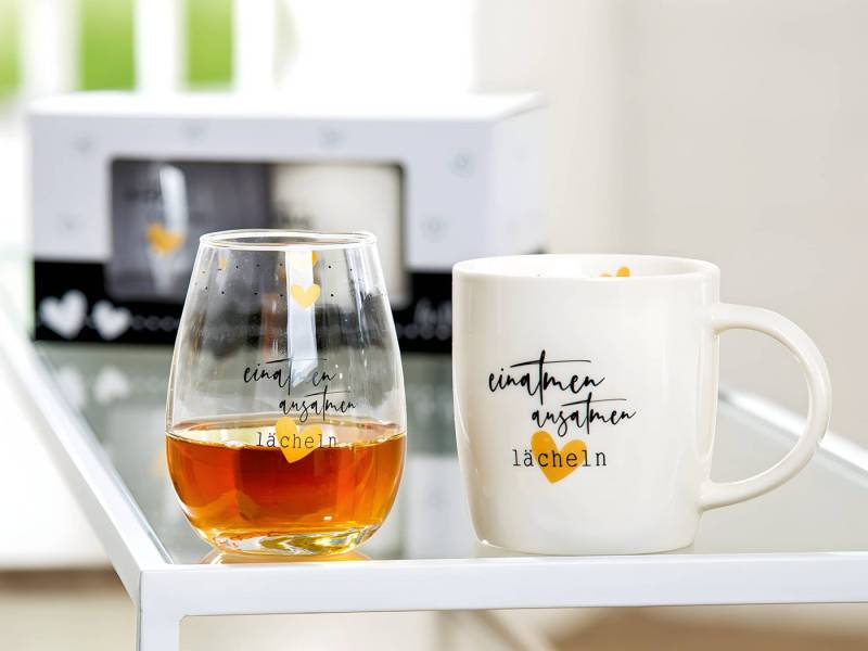 GILDE Geschirr-Set Porzellan/Glas 2er Set einatmen/ausatmen/lächeln (2-tlg), Porzellan & Glas, Charmante Geschenkidee - spülmaschinengeeignet von GILDE