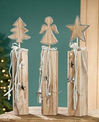 GILDE Holz Weihnachtssäule Glitter naturfarb./Silber,Engel,Stern,Baum 9+11+13L= 7 cm B= 7 cm H= 47cm cm von GILDE