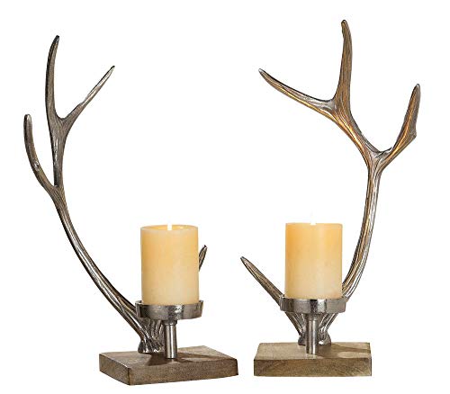 GILDE Kerzenständer Geweih aus Aluminium mit Holzfuß, 41,5x19,5x14 cm, Silber, 2-teiliges Set von GILDE