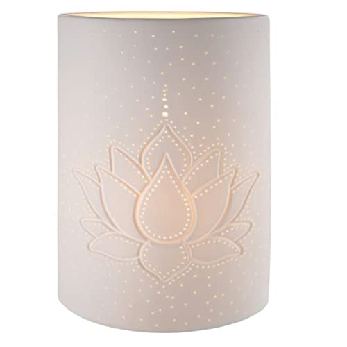 GILDE Porzellan Lampe Tischlampe Dekolampe - Lotus Blume - Standlampe mit Lochmuster - Farbe: weiss - Höhe 28 cm von GILDE