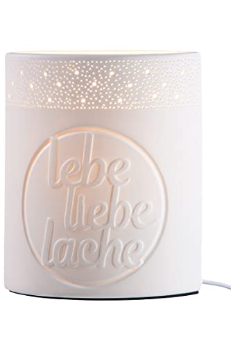 GILDE Porzellan Lampe - Tischlampe Ellipse lebe liebe lache weiß ca.20 x 17 x 9 cm (H/B/T) von GILDE