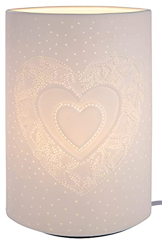 GILDE Porzellan Lampe Tischlampe - Nachttischlampe - Herz Design - Hochzeitsgeschenk - Deko Hochzeit - Farbe: Weiss - Höhe 28 cm von GILDE