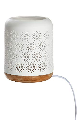 GILDE Porzellan Lampe Tischlampe Standlampe - Motiv: Blume - Farbe: Weiss Sockel in Holz Optik - Höhe 17,5 cm von GILDE