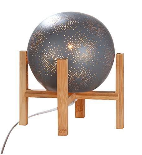 GILDE Porzellan Tischlampe mit Stern Motiv - Lampe Standlampe mit Holzfuß und Lochmuster - Deko Wohnzimmer - Geschenke für Frauen - Farbe: grau - Höhe 24 cm von GILDE