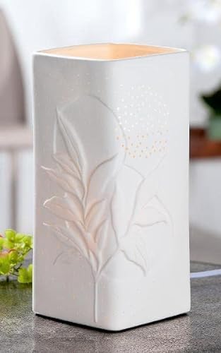 GILDE Porzellan Tischlampe - rechteckige Lampe Standlampe mit Lochmuster - Deko Wohnzimmer - Geschenk für Frauen - Farbe: weiss mit Blätter Muster - Höhe 28 cm von GILDE