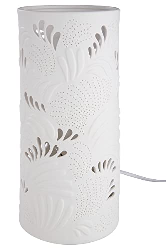 GILDE Tischleuchte Dekolampe Zylinder aus Porzellan weiß - Motiv: Blätter - Blattwerk - Fassung E14, max 40 Watt - Höhe 28 cm von GILDE