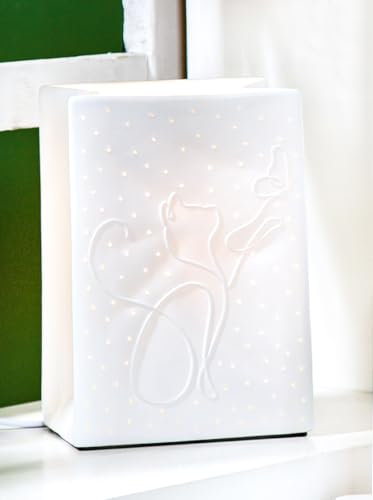 GILDE Tischleuchte Love Cat Porzellan weiß Katzen Motiv rechteckig Höhe 18 cm Tischlampe Dekoration Beleuchtung Wohnaccessoire von GILDE