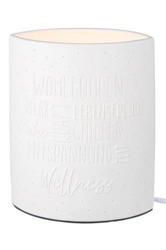 GILDE Tischleuchte Wellness aus Porzellan weiß mit Spruch, Höhe 20,5 cm Deko Wohnzimmer Schlafzimmer Büro Dekoration Beleuchtung Lampe Licht von GILDE