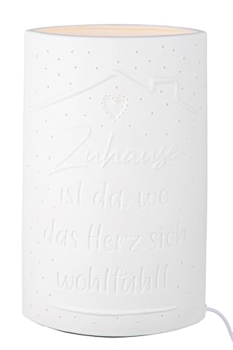 GILDE Tischleuchte Zuhause Herz Porzellan weiß mit Spruch Höhe 28,5 cm Lampe Beleuchtung Dekoration Wohnaccessoire von GILDE
