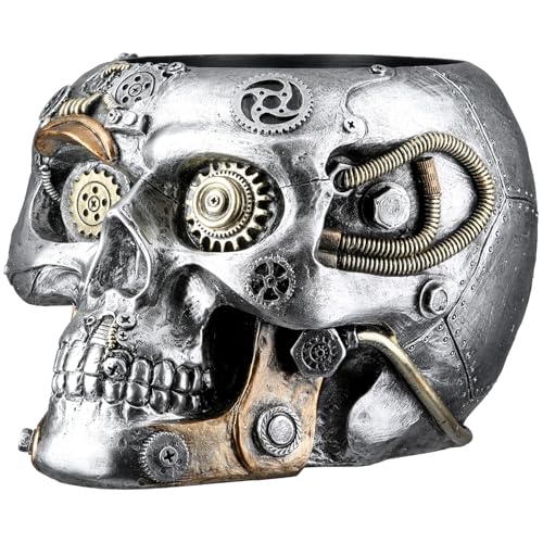 GILDE Übertopf Steampunk Skull Planter - Kunstharz - Höhe 14cm x Breite 18cm - Silber - Antikfinish - Zahnrädermotiv - Totenschädel GILDE Übertopf Steampunk Skull Planter - Kunstharz - Höhe 14cm x Breite 18cm - Silber - Antikfinish - Zahnrädermotiv - Totenschädel von GILDE
