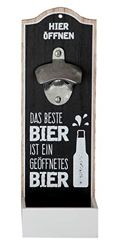 GILDE Wand-Flaschenöffner Metallöffner Kronkorkensammler, Das beste Bier ist ein geöffnetes Bier, Höhe 30 cm, Schwarz/weiß, Holz von GILDE
