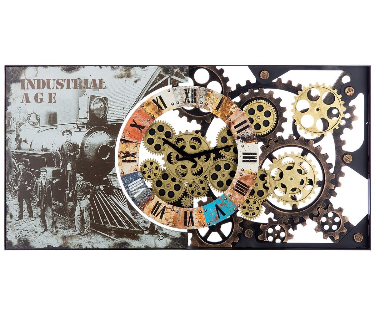 GILDE Wanduhr 50290 – Rechteckige Metall-Wanduhr im Industrial-Design (mit drehenden Zahnrädern, 80×40 cm) von GILDE