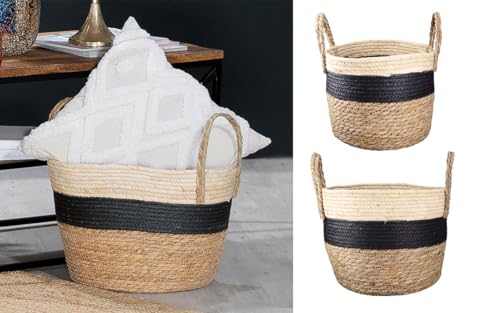 GLDE Aufbewahrungskorb Deko Korb mit Griff - 3er Set Körbe Storage Basket - Schwarz Naturfaben - Bad Schlafzimmer Wohnzimmer - Ø 25/31 / 38 cm Höhe 22/26 / 39 cm von GILDE