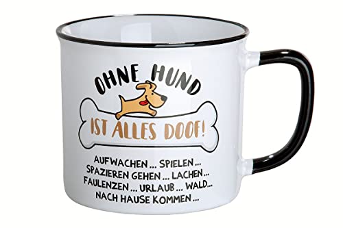 Gilde - 46927 - Kaffeebecher, Ohne Hund ist alles doof!, Keramik, Emailledesign, 9,5cm x 8,5cm, 390ml von GILDE