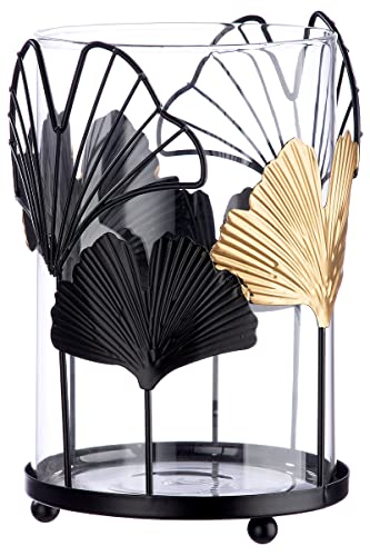 GILDE Windlicht Ginkgo schwarz/goldfarben mit Glaseinsatz H: 19 cm Ø 12 cm 84226 von GILDE