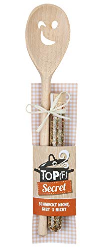 Hochwertiger Holz Kochlöffel Höhe 30 cm mit Gesicht und Gewürzmischung 15 Gramm sowie Rezeptidee in Geschenkform von GILDE