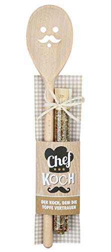 Hochwertiger Holz Kochlöffel Höhe 30 cm mit Gesicht und Gewürzmischung 15 Gramm sowie Rezeptidee in Geschenkform von GILDE