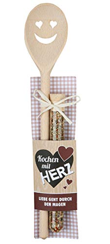 Hochwertiger Holz Kochlöffel Höhe 30 cm mit Gesicht und Gewürzmischung 15 Gramm sowie Rezeptidee in Geschenkform von GILDE