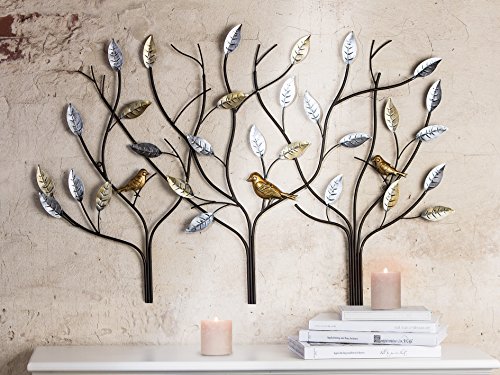 Relief 3 Bäume m. Vögeln metall braun silber/goldene Blätter u. Vögel B 104 cm, Wandobjekt von GILDE