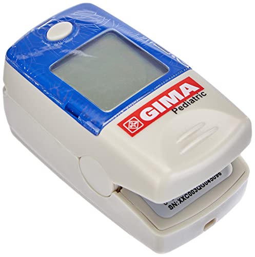 GIMA Oxy-5 pädiatrisches Oximeter, Fingerpulsoximeter, Durchmesser 8-16 mm, tragbar, erkennt Sättigung, Herzfrequenz und Durchblutung, 2 AAA-Batterien im Lieferumfang enthalten, visuelle und akustische Alarme, LCD-Display von GIMA
