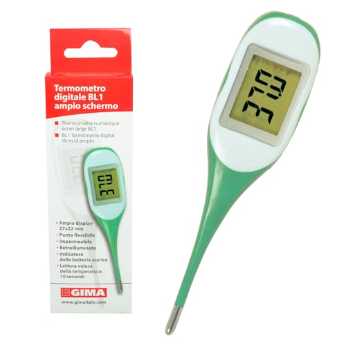 GIMA - Digitales Thermometer BL1 mit großem, hintergrundbeleuchtetem Display, wasserdicht, mit flexibler Spitze und Kunststoffgehäuse, 25553 von GIMA