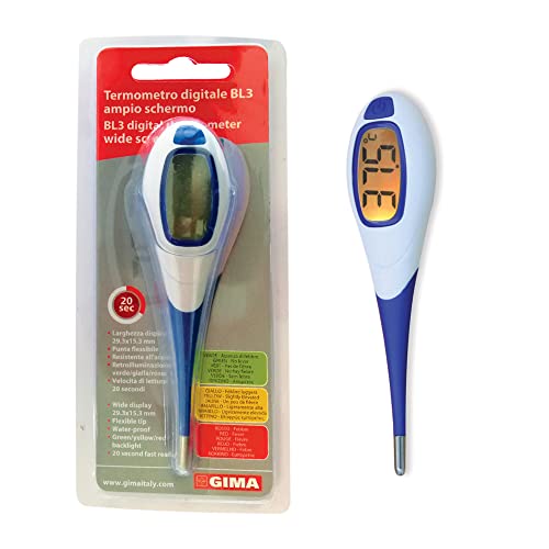 Gima - Digitales Thermometer BL3, 20 Sekunden, großer Bildschirm, flexible Spitze, wasserdicht, Hintergrundbeleuchtung, rot/orange/grün, 25554 von GIMA