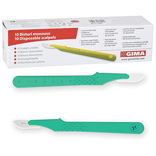 Gima - Sterile Skalpelle aus rostfreiem Edelstahl, Handgriff aus ABS, zum Einmalgebrauch, Premium, Sicherheitsklingenschutz, Nr. 21, 10 einzeln verpackte Skalpelle von GIMA