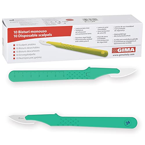 Gima - Sterile Skalpelle aus rostfreiem Edelstahl, Handgriff aus ABS, zum Einmalgebrauch, Premium, Sicherheitsklingenschutz, Nr. 24, 10 einzeln verpackte Skalpelle von GIMA