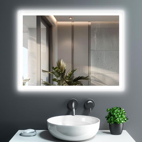 GIMBELEN Bad Spiegel mit Licht, 80 x 60 cm Badezimmerspiegel mit Beleuchtung und Tastenschalter, LED Spiegel mit Antibeschlag, 2 Lichtfarben (3000K / 6500K), Speicherfunktion, Rechteckig Wandspiegel von GIMBELEN